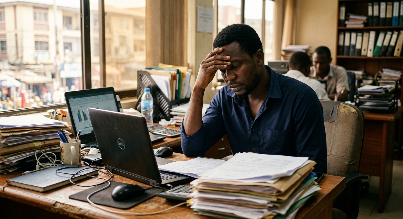 Man looking tired and drained, sitting at a desk